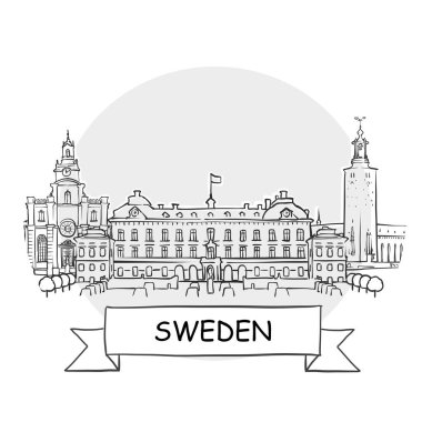 İsveç El Çizimi Kentsel Vektör İşareti. Kurdele ve Başlıklı Siyah Çizgi Sanat Resimleri.