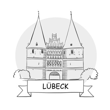 Lubeck El Çizimi Kentsel Vektör İşareti. Kurdele ve Başlıklı Siyah Çizgi Sanat Resimleri.