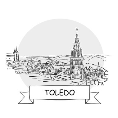 Toledo El Çizimi Kentsel Vektör İşareti. Kurdele ve Başlıklı Siyah Çizgi Sanat Resimleri.