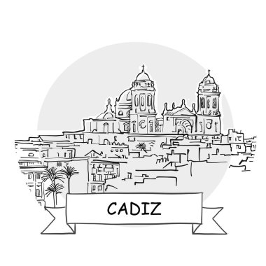 Cadiz El Çizimi Kentsel Vektör İşareti. Kurdele ve Başlıklı Siyah Çizgi Sanat Resimleri.