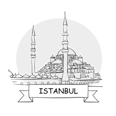 İstanbul El Çizimi Kentsel Vektör İşareti. Kurdele ve Başlıklı Siyah Çizgi Sanat Resimleri.