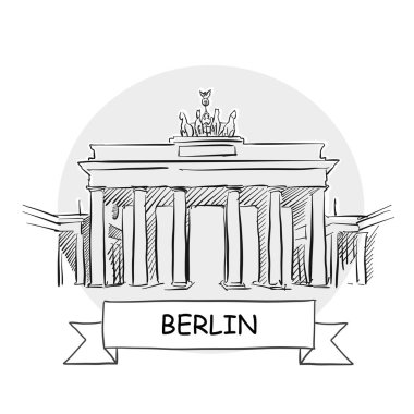 Berlin El Çizimi Kentsel Vektör İşareti. Kurdele ve Başlıklı Siyah Çizgi Sanat Resimleri.