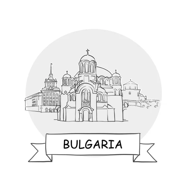 ブルガリア手描き都市ベクトル記号 ブラックラインアートイラスト リボンとタイトル — ストックベクタ