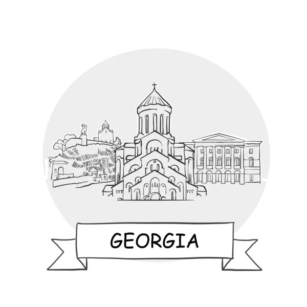 ジョージア州手描き都市ベクトルサイン ブラックラインアートイラスト リボンとタイトル — ストックベクタ