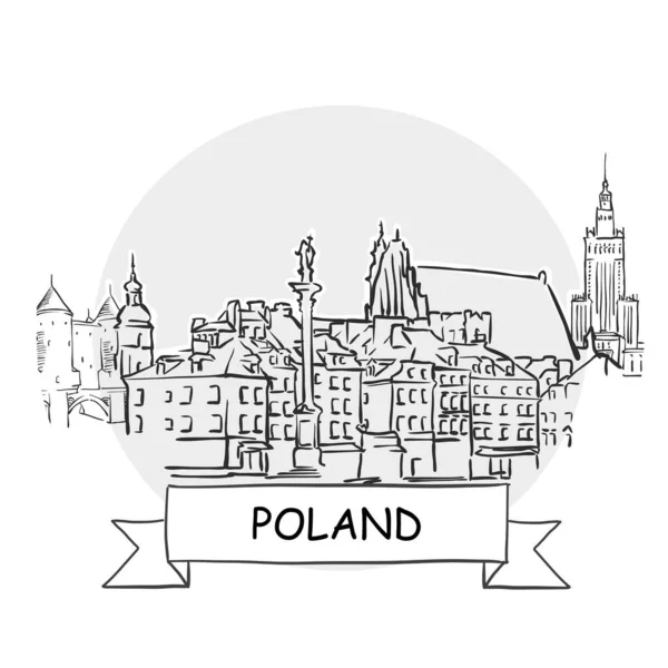 ポーランド手描き都市ベクトルサイン ブラックラインアートイラスト リボンとタイトル — ストックベクタ