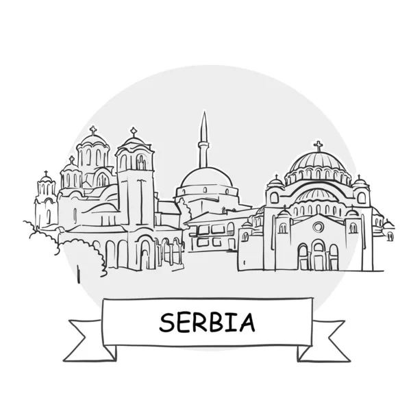 セルビア手描き都市ベクトル記号 ブラックラインアートイラスト リボンとタイトル — ストックベクタ