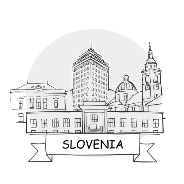 スロベニア手描き都市ベクトル記号 ブラックラインアートイラスト リボンとタイトル — ストックベクタ