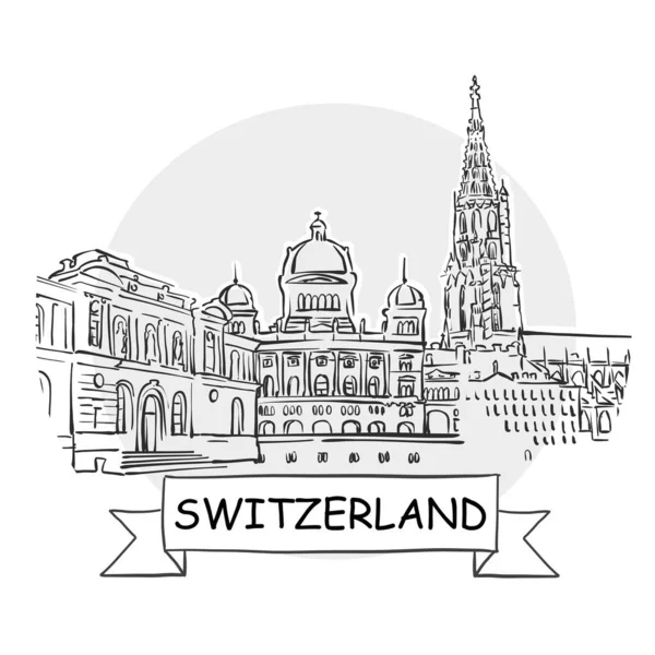 Zwitserland Handgetekend Stedenbouwkundig Vectorbord Zwarte Lijn Art Illustratie Met Lint — Stockvector