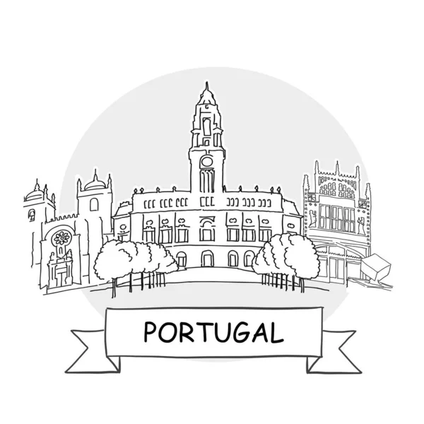 ポルトガル手描き都市ベクトルサイン ブラックラインアートイラスト リボンとタイトル — ストックベクタ