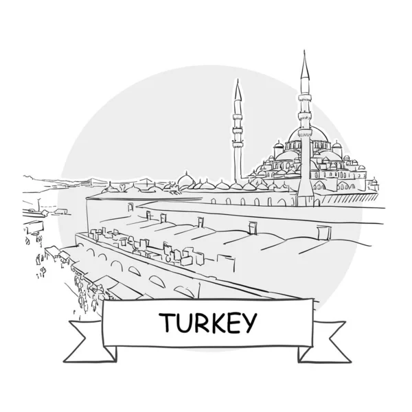 トルコ手描き都市ベクトルサイン ブラックラインアートイラスト リボンとタイトル — ストックベクタ