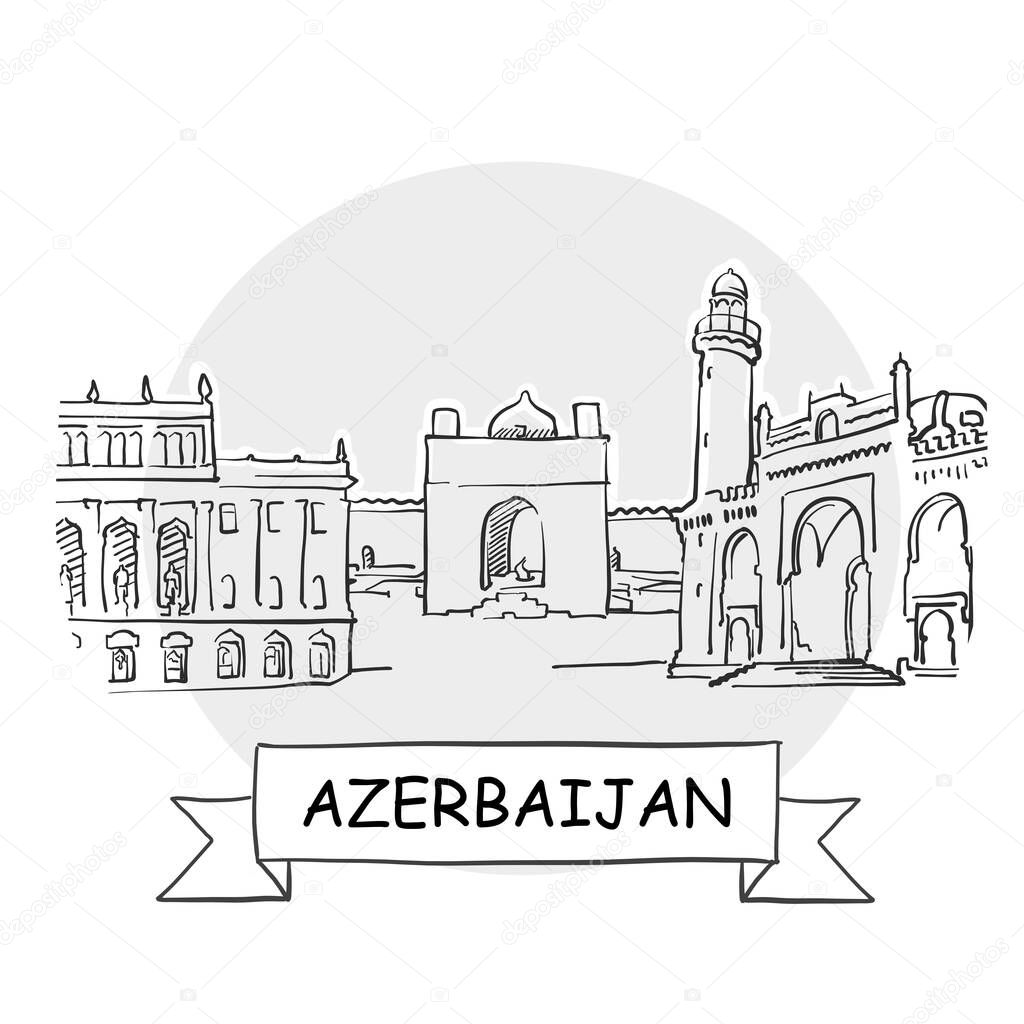 Azerbaijan Hand-Drawn Urban Vector Sign. Black Line Art Illustration with Ribbon and Title.