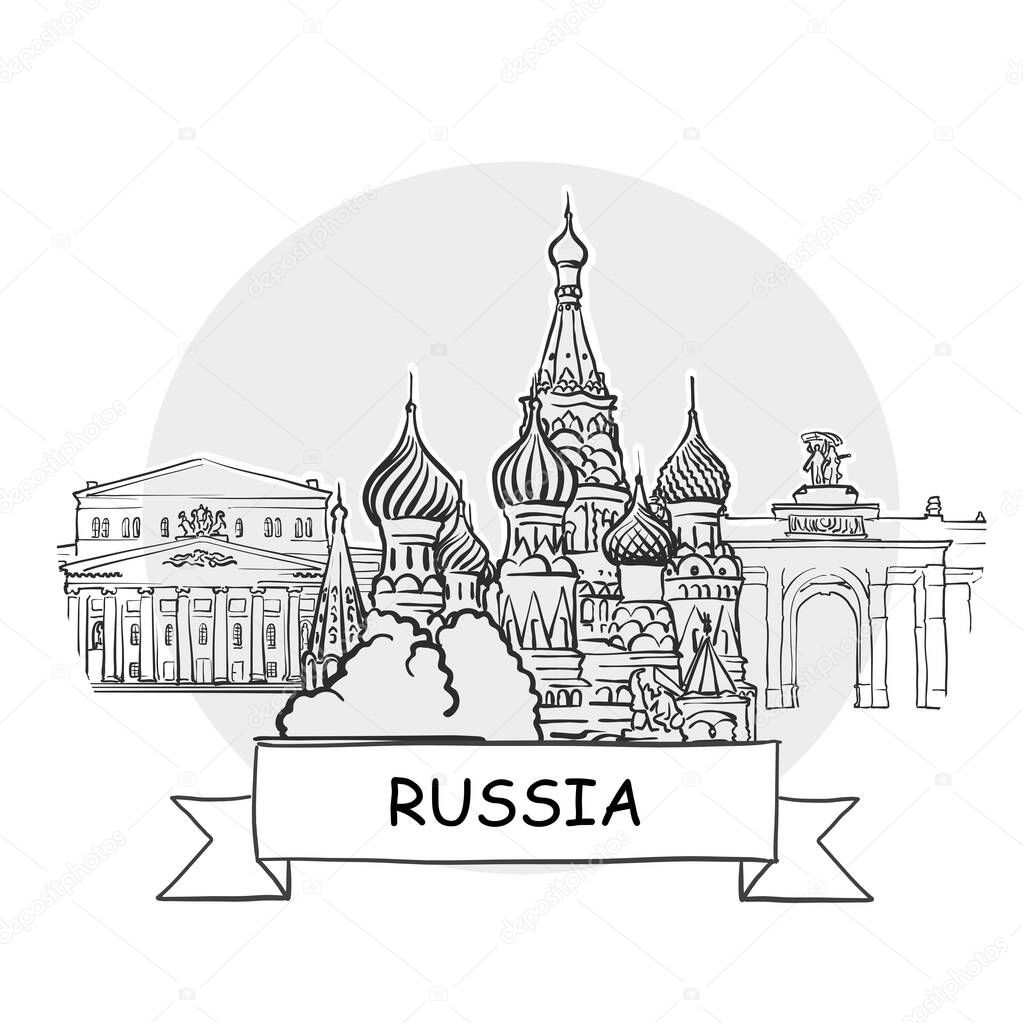 Russia Hand-Drawn Urban Vector Sign. Black Line Art Illustration with Ribbon and Title.