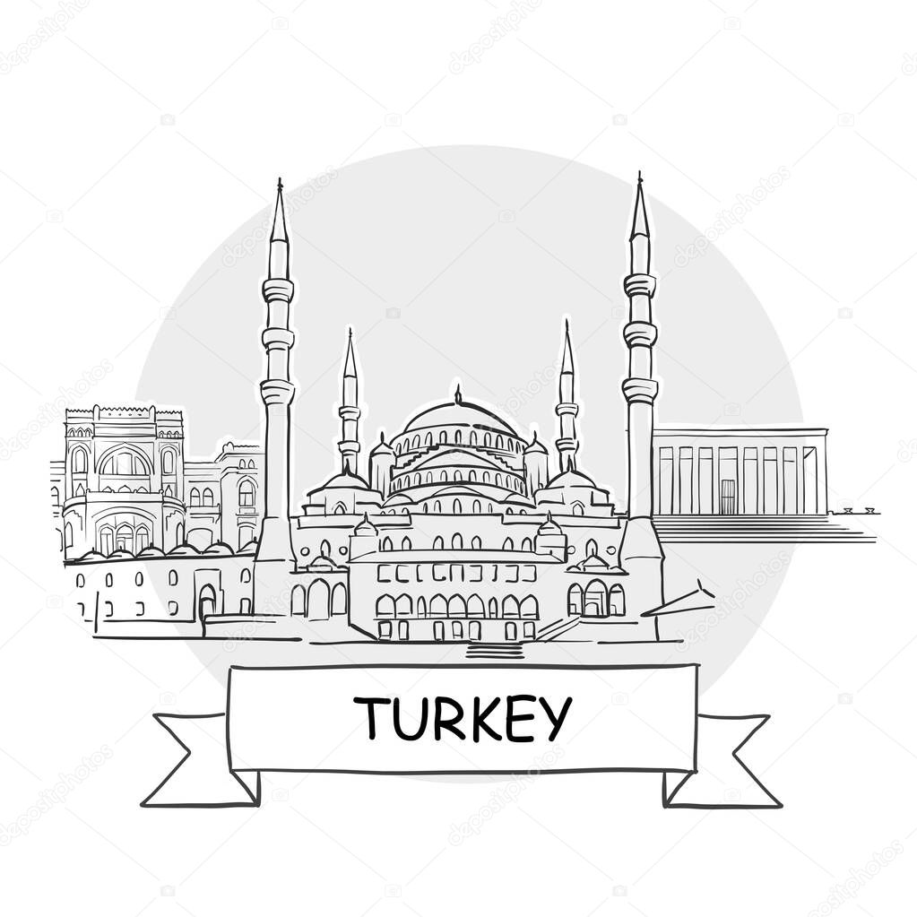 Turkey Hand-Drawn Urban Vector Sign. Black Line Art Illustration with Ribbon and Title.