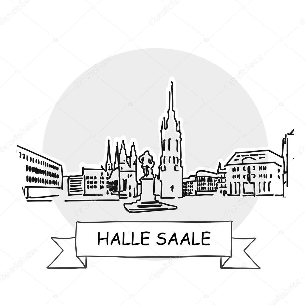 Halle S. Hand-Drawn Urban Vector Sign. Black Line Art Illustration with Ribbon and Title.