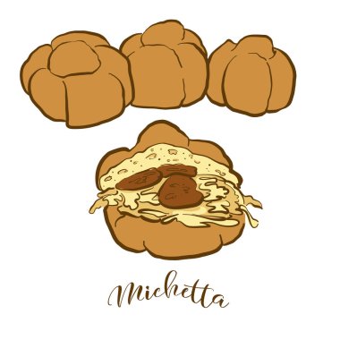 Michetta ekmeğinin renkli çizimi. Genellikle İtalya 'da bilinen Yapraklı yiyeceğin vektör çizimi. Renkli Ekmek çizimleri.