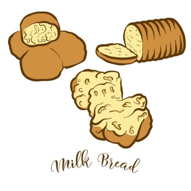 Sütlü ekmeğin renkli çizimi. Yapraklı yiyeceklerin temsili sunumu, genellikle Birleşik Krallık, Japonya 'da bilinir. Renkli Ekmek çizimleri.