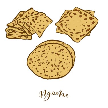 Ngome ekmeğinin renkli çizimi. Genellikle Mali 'de bilinen yassı ekmeğin vektör çizimi. Renkli Ekmek çizimleri.