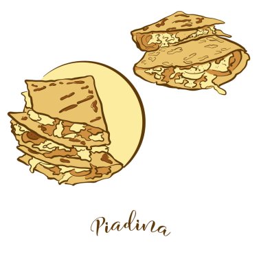 Piadina ekmeğinin renkli çizimi. Genellikle İtalya 'da bilinen yassı ekmeğin vektör çizimi. Renkli Ekmek çizimleri.