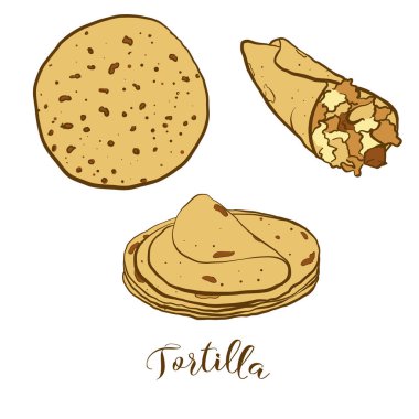 Tortilla ekmeğinin renkli çizimi. Genellikle Meksika 'da bilinen yassı ekmeğin vektör çizimi. Renkli Ekmek çizimleri.