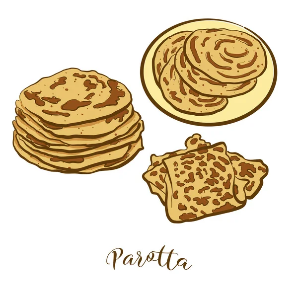 パロッタパンの色絵 フラットブレッド食品のベクトル図 インドで知られています 色パンのスケッチ — ストックベクタ