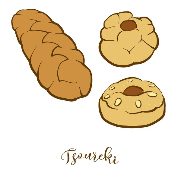 Gekleurde Tekening Van Tsoureki Brood Vector Illustratie Van Gedesemd Voedsel — Stockvector