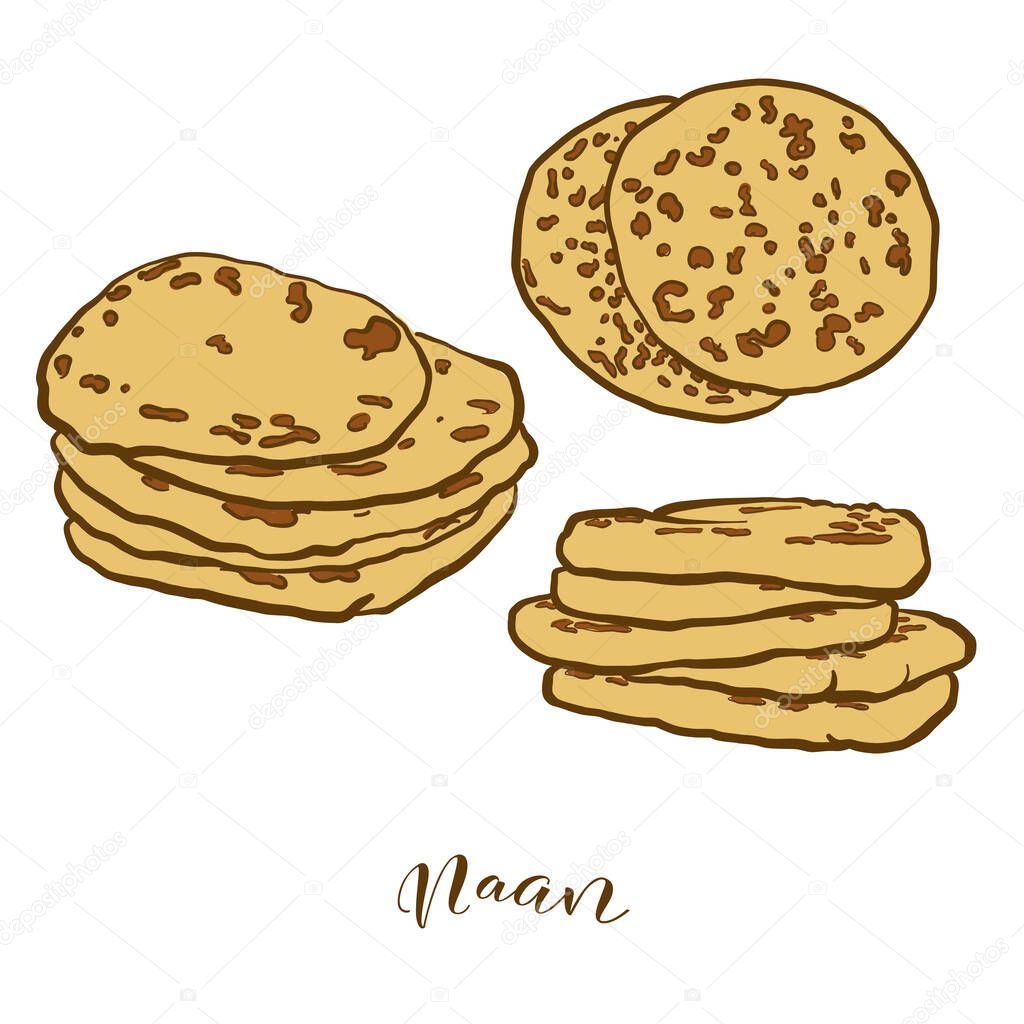 Colored drawing of Naan bread. Vector illustration of Flatbread food, usually known in Asia. Colored Bread sketches.