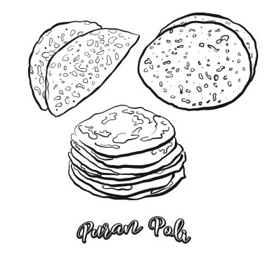 Puran Poli yemek taslağı beyaza ayrılmış. Yassı Ekmek 'in vektör çizimi, genellikle Hindistan' da bilinir. Yemek illüstrasyon serisi.