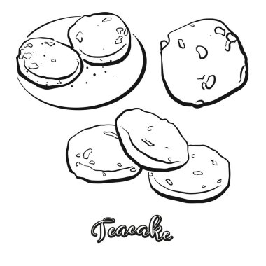 Teacake yemek taslağı beyaza ayrılmış. Tatlı çöreğin vektör çizimi, genellikle Birleşik Krallık, İngiltere, İskoçya ve Hindistan 'da bilinir. Yemek illüstrasyon serisi.