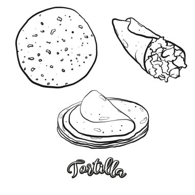 Tortilla yemek eskizi beyaza ayrılmış. Flatbread 'in vektör çizimi, genellikle Meksika' da bilinir. Yemek illüstrasyon serisi.