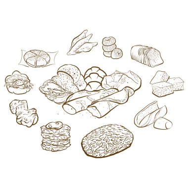 Elle çizilmiş ekmekten Çember şeklindeki bileşimin ana hatları. Fırıncılar için zengin renkli vektör illüstrasyonu. Ekmek posteri kompozisyon kavramı