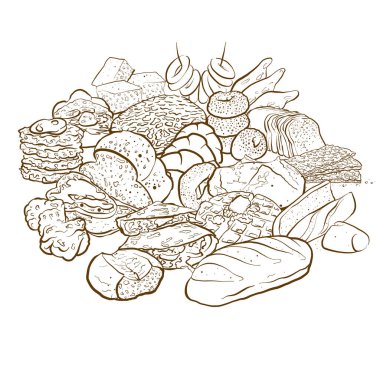 Beyaz zemin üzerinde birçok çeşit ekmek bulunan fırın ürünlerinin büyük renkli çizimlerinin ana hatları.