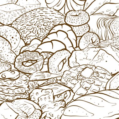 Farklı türde ekmeği olan bir kompozisyonun çok detaylı renkli vektör taslağının ana hatları. El çizimi alan doldurma çizimi