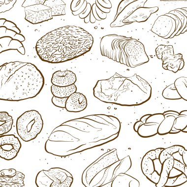 Ekmek ve hamur işlerini düzenleyen gevşek düzenlenmiş bir duvar kağıdının çizilmiş taslağı. Farklı Avrupa ve Amerikan ekmek türlerine sahip bir kompozisyonun renkli vektör çizimi