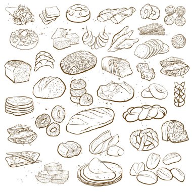 Outline version of Big Collection of hand drawn bread isolated on white background with different European and American bread types. Bakery objects vector illustration in sketch style clipart
