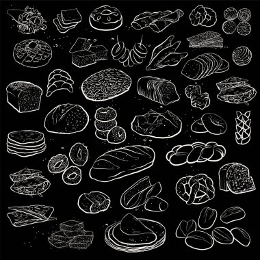 Outline version of Big Collection of hand drawn bread isolated on white background with different European and American bread types. Bakery objects vector illustration in sketch style on blackboard clipart