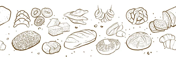 新鲜面包横幅的概要版本 无缝制全景构图 手绘面包 面包店矢量插画横幅设计 — 图库矢量图片