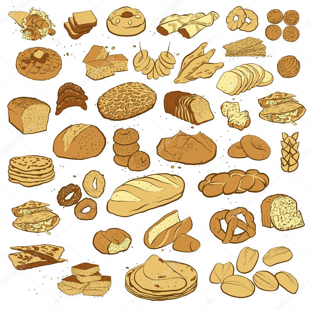 Big Collection of hand drawn bread isolated on white background with different European and American bread types. Bakery objects vector illustration in sketch style on white background.