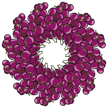 Daire şeklinde dizilmiş bir sürü kiraz. Elle çizilmiş meyveli pürüzsüz yuvarlak kompozisyon. Beyaz arkaplanda vektör illüstrasyonu.