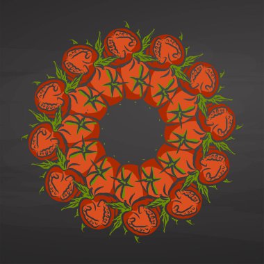 Domatesler daire şeklinde dizilmiş. Elle çizilmiş sebzelerle kusursuz yuvarlak kompozisyon. Tahtada vektör illüstrasyonu.