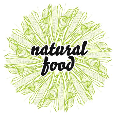 Corncob 'un arka planında doğal yiyecek işareti var. Sanat eserleri için el yapımı sebzelerle yuvarlak kompozisyon.