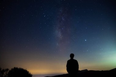 Bulanık siluet bir adam Samanyolu ile yıldızlı gökyüzünü gözlemliyor