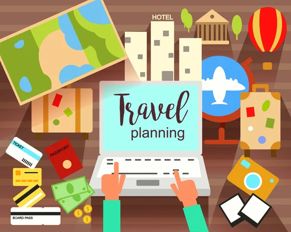 Travel Planning flat vector illustration. Prepairing for journey. Searching,booking. Objects and Icons. — Διανυσματικό Αρχείο