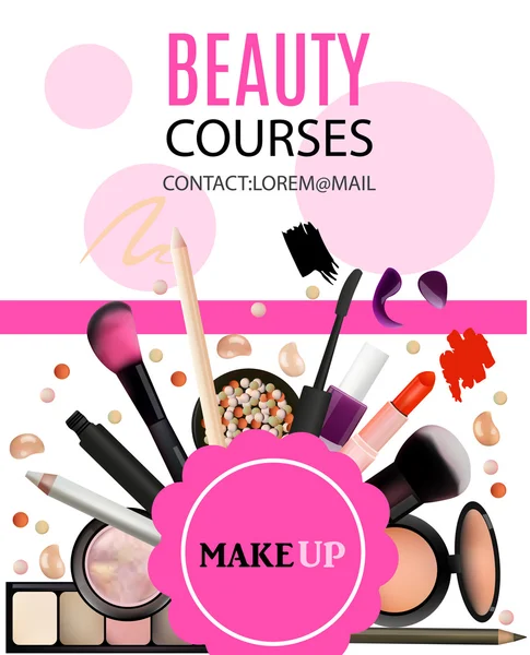 Beauty Courses Poster Design. Cosmetic Products, Professional Make Up, Care. Printable Template for Business Banner, Poster, Voucher, Booklet. — Stockový vektor