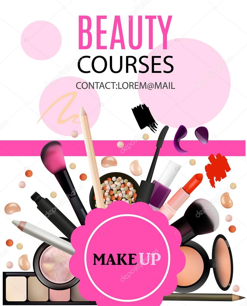 Image vectorielle Cours de beauté Poster Design. Produits cosmétiques,  maquillage professionnel, soins. Modèle imprimable pour bannière d'affaires,  affiche, bon d'achat, livret . par ©SunnyRed - 128068298, image size:827x1023