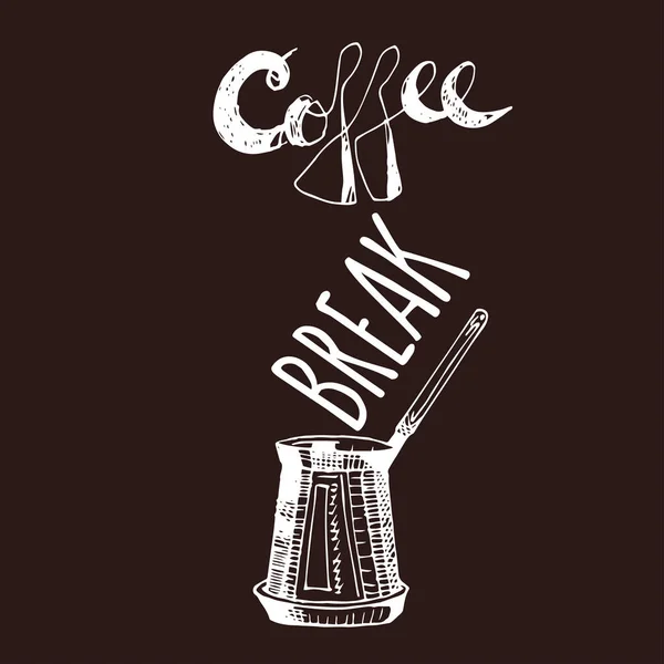 Kávé szünet. Vintage kézzel rajzolt Design elemek kávé bolt, piac, kávézó. Nyomtatható tipográfia a kártya, poszter, zászló, póló. — Stock Vector