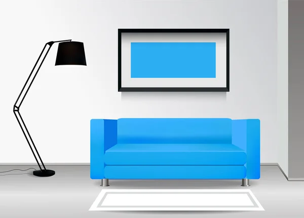 Sofá azul realista com lâmpada de assoalho, carpete e fotomoldura na parede. Ilustração de interior.Conceito de design de móveis . — Vetor de Stock