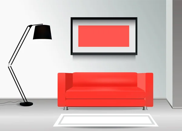 Realistische rode sofa met vloerlamp, tapijt en photoframe op de muur. De illustratie van het interieur. Meubels Design Concept. — Stockvector