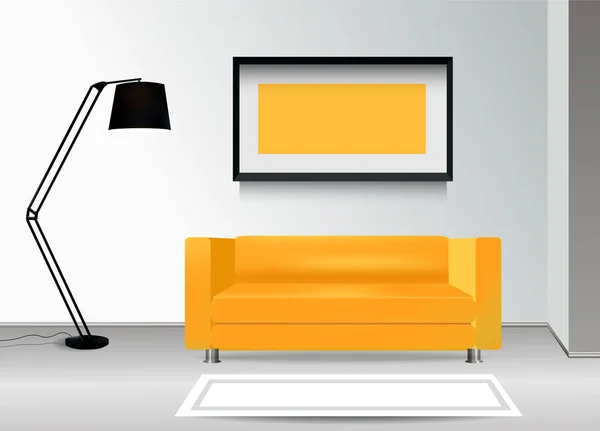 Realistiska gul soffa med golvlampa, matta och photoframe på väggen. Interiör bild. Möbler designkoncept. — Stock vektor