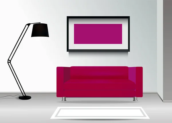 Canapé réaliste violet avec lampadaire, tapis et cadre photo sur le mur. Illustration intérieure.Conception de meubles Concept . — Image vectorielle