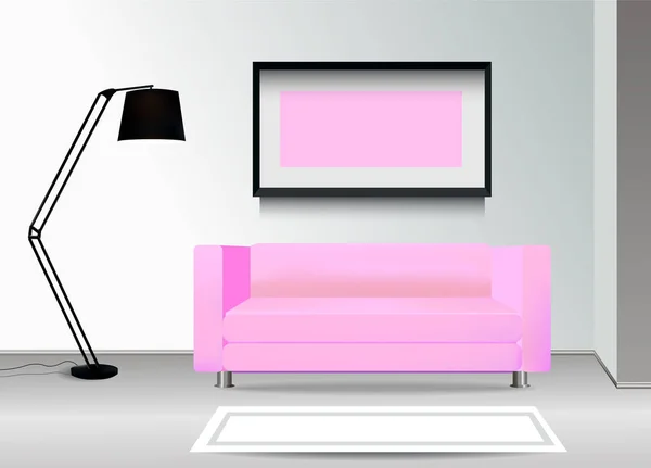 Sofá rosa realista con lámpara de pie, alfombra y fotomarco en la pared. Ilustración interior.Concepto de diseño de muebles . — Vector de stock